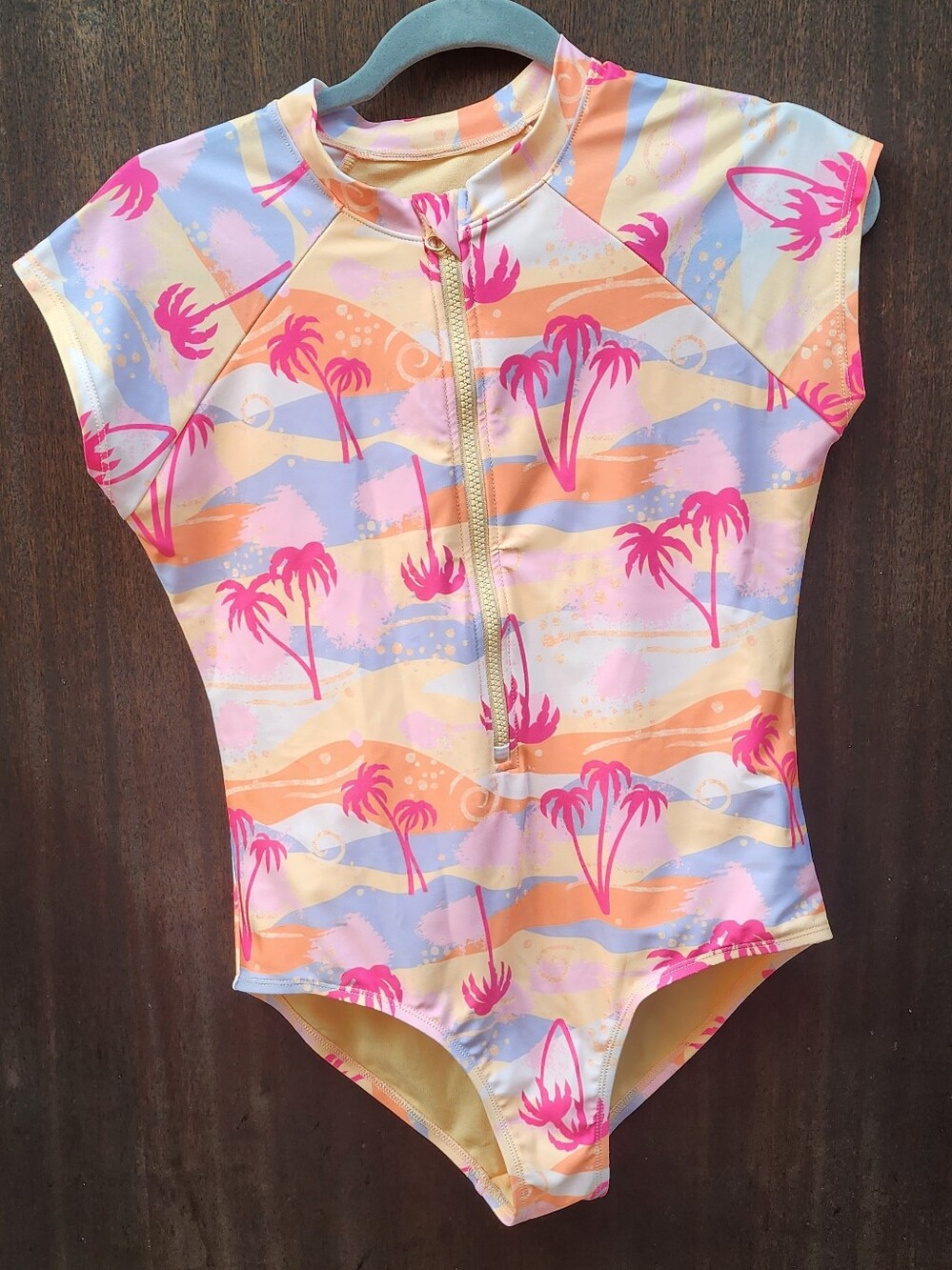 wonder nation Pink & Peach Palm Short-Sleeve One-Piece Swimsuit XXL 18